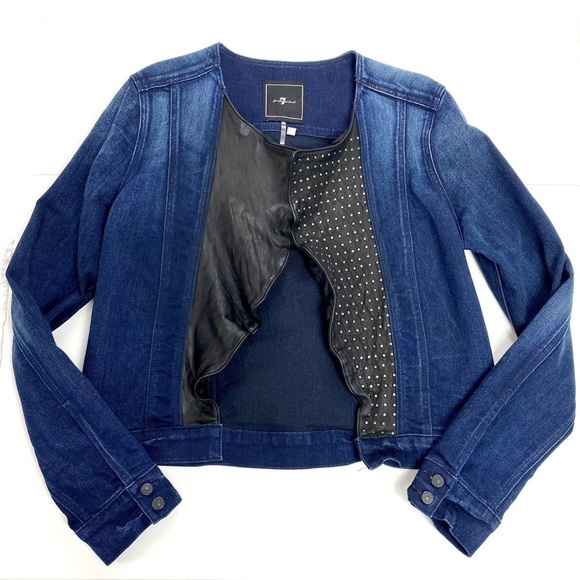 7 for All Mankind Studded Leather Open Front Denim Jacket Blue & Black Size L - Picture 6 of 8